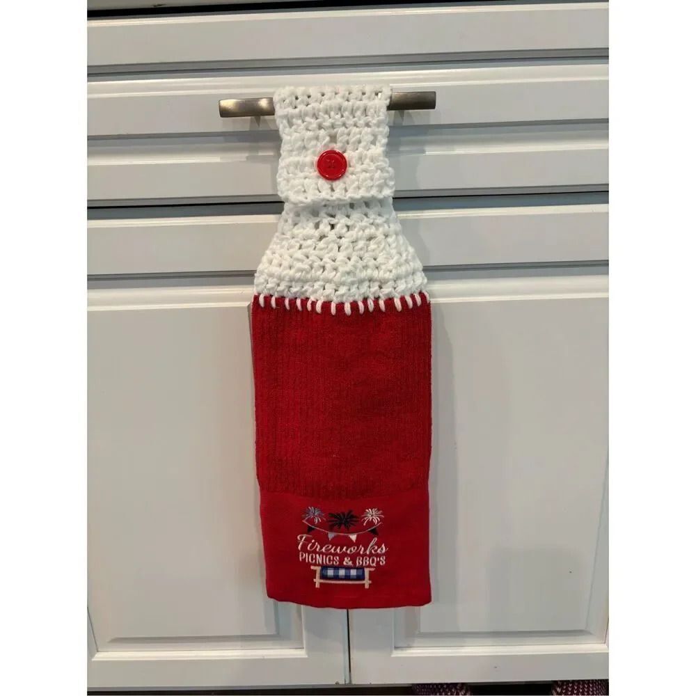 Crochet Top Kitchen Towel-Fireworks picnic & BBQ